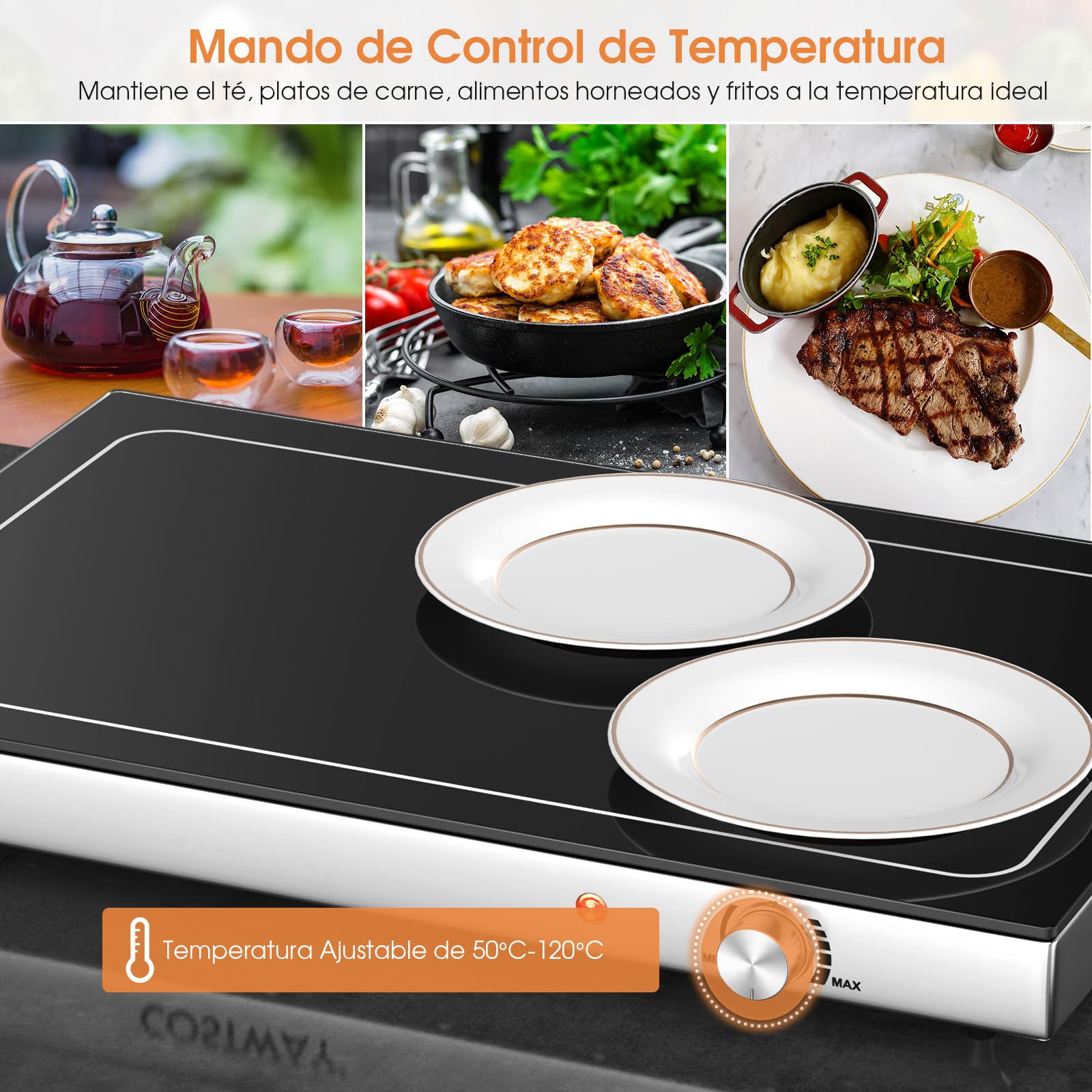 GOPLUS Bandeja de Calentamiento para Comida, Bandeja Eléctrica Calentadora con Control de Temperatura Ajustable, Superficie de Vidrio Templado Resistente al Calor, Bandeja Calentadora
