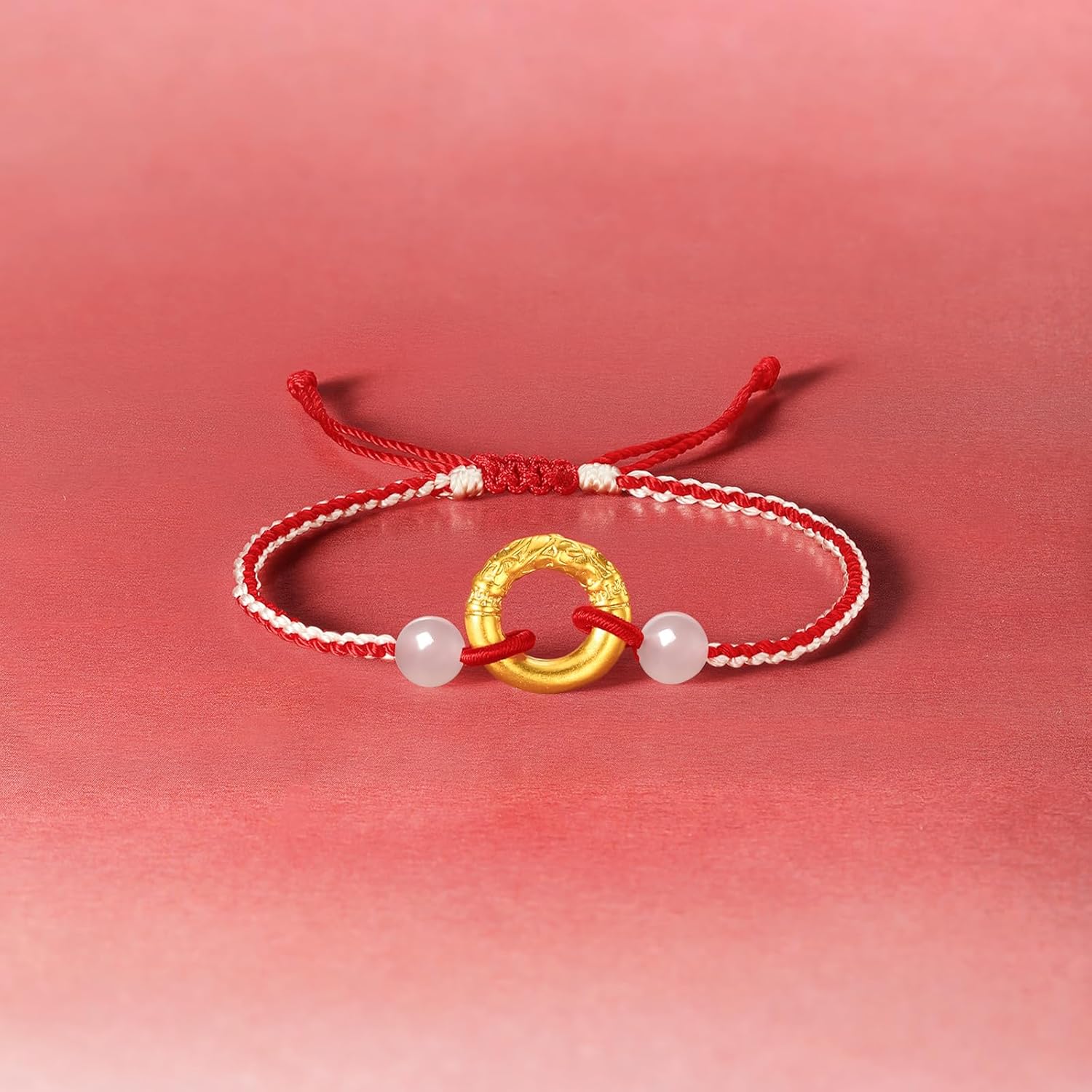 24K Solid Yellow Gold Peace Buckle Blessing Bracelet White Jade Bracelet for Women Adjustable Red Braided Bracelet Birthday Aniversary 6.3-7.5inch/16+3cm Y1714634