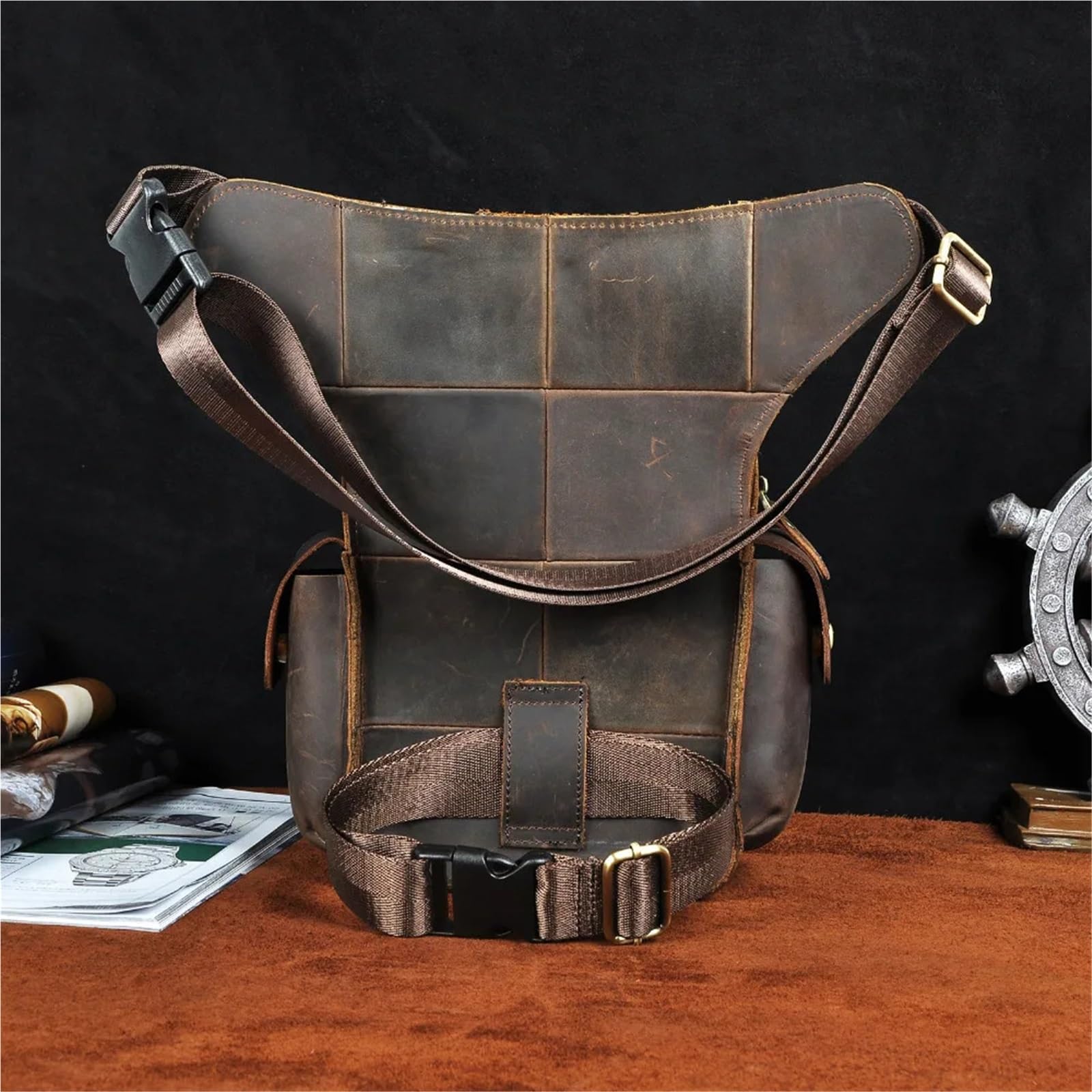 Marsupio Da Gamba Borsa a tracolla multifunzione da uomo in pelle con design, organizer da cintura, marsupio, borsa a gamba cadente(Burgundy)