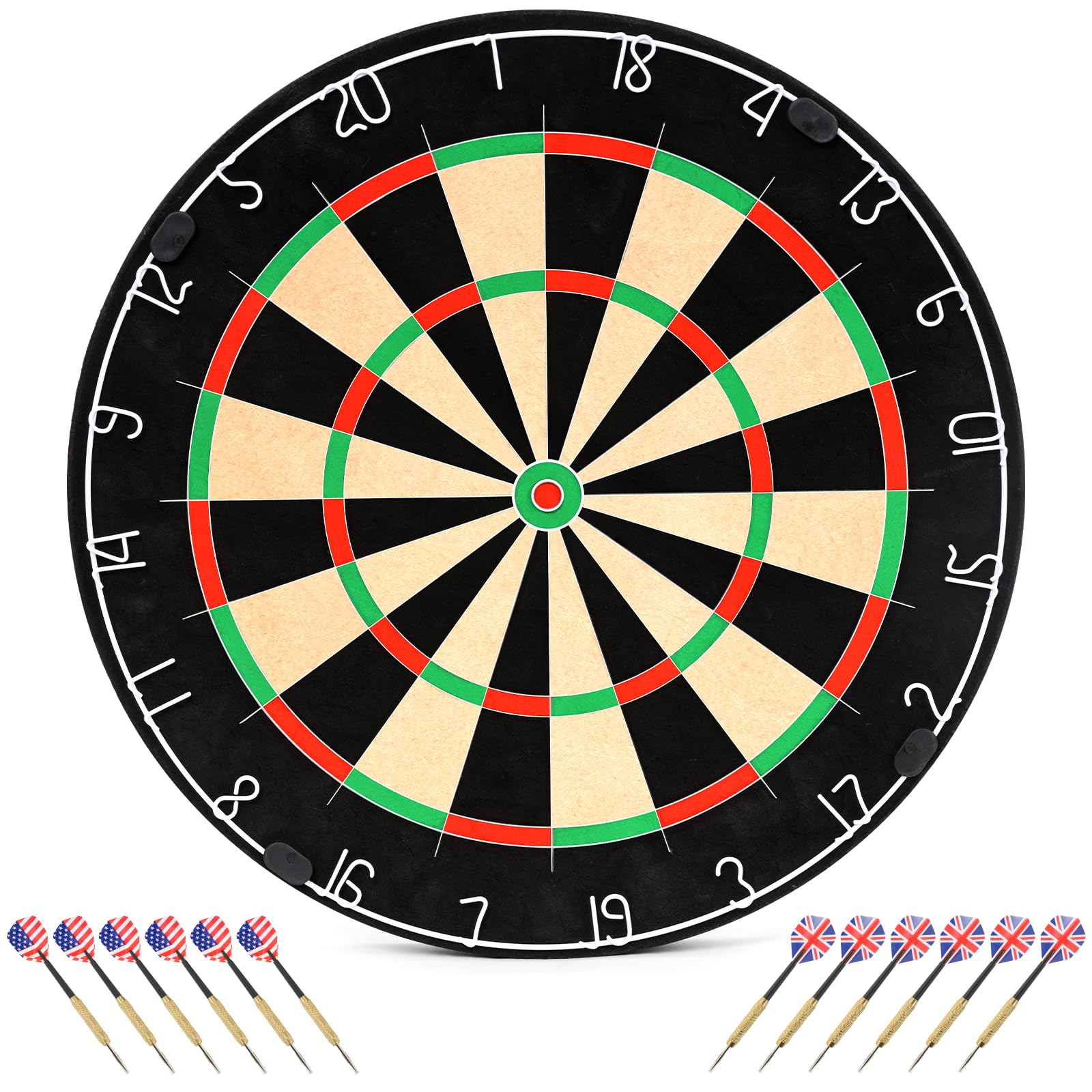 Sisal Dart Board Set, 18 Inch Professional Board with 12 Steel Tip Darts, Rotating Number Ring, Round Wire Design and Mounting Kit for Home, Office, Pub, Club and Game Room