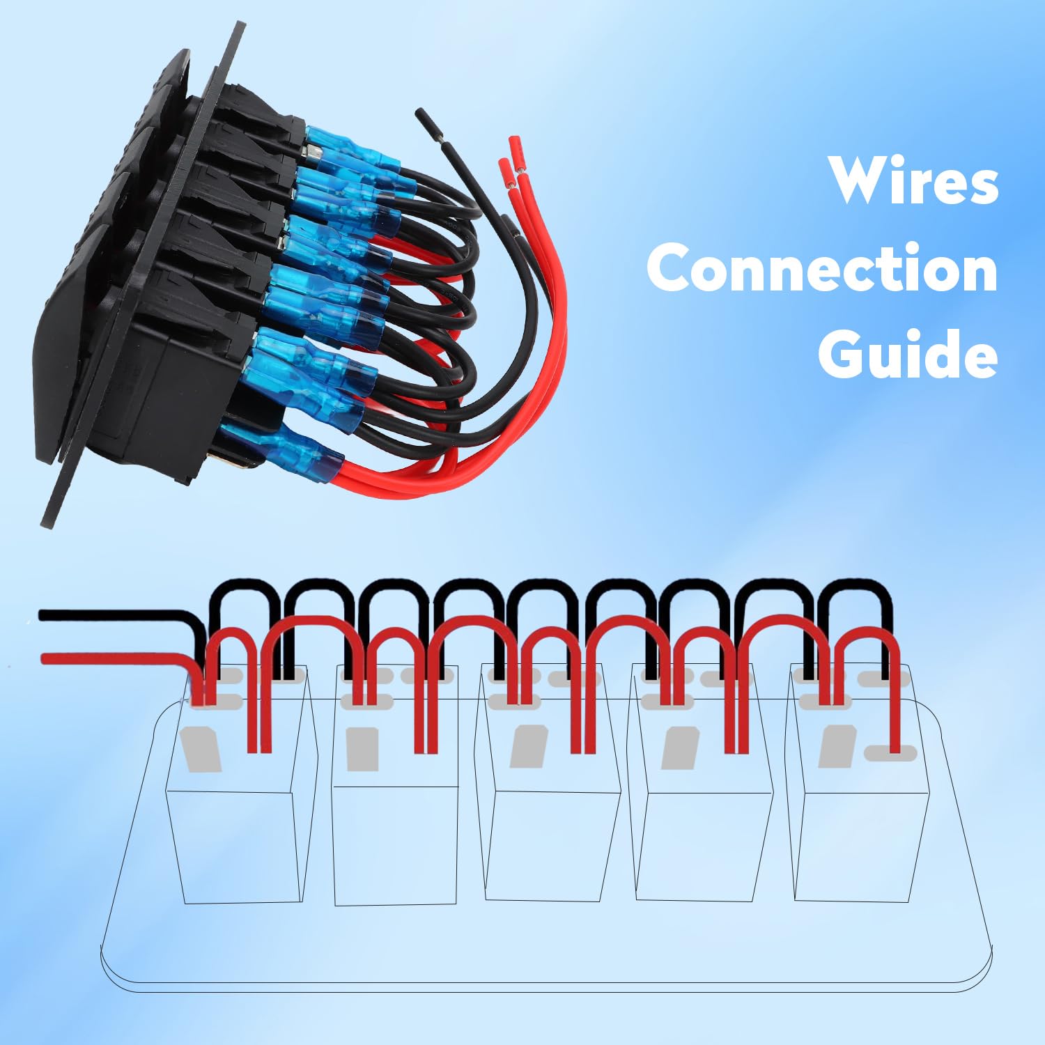 Tissting Pannello Interruttori 5 Gang 12V/24V 20A/10A Impermeabile Pulsantiera Barca con Etichette, LED Luce Rossa Retroilluminata Interruttori a Levetta per Auto Barca Camper