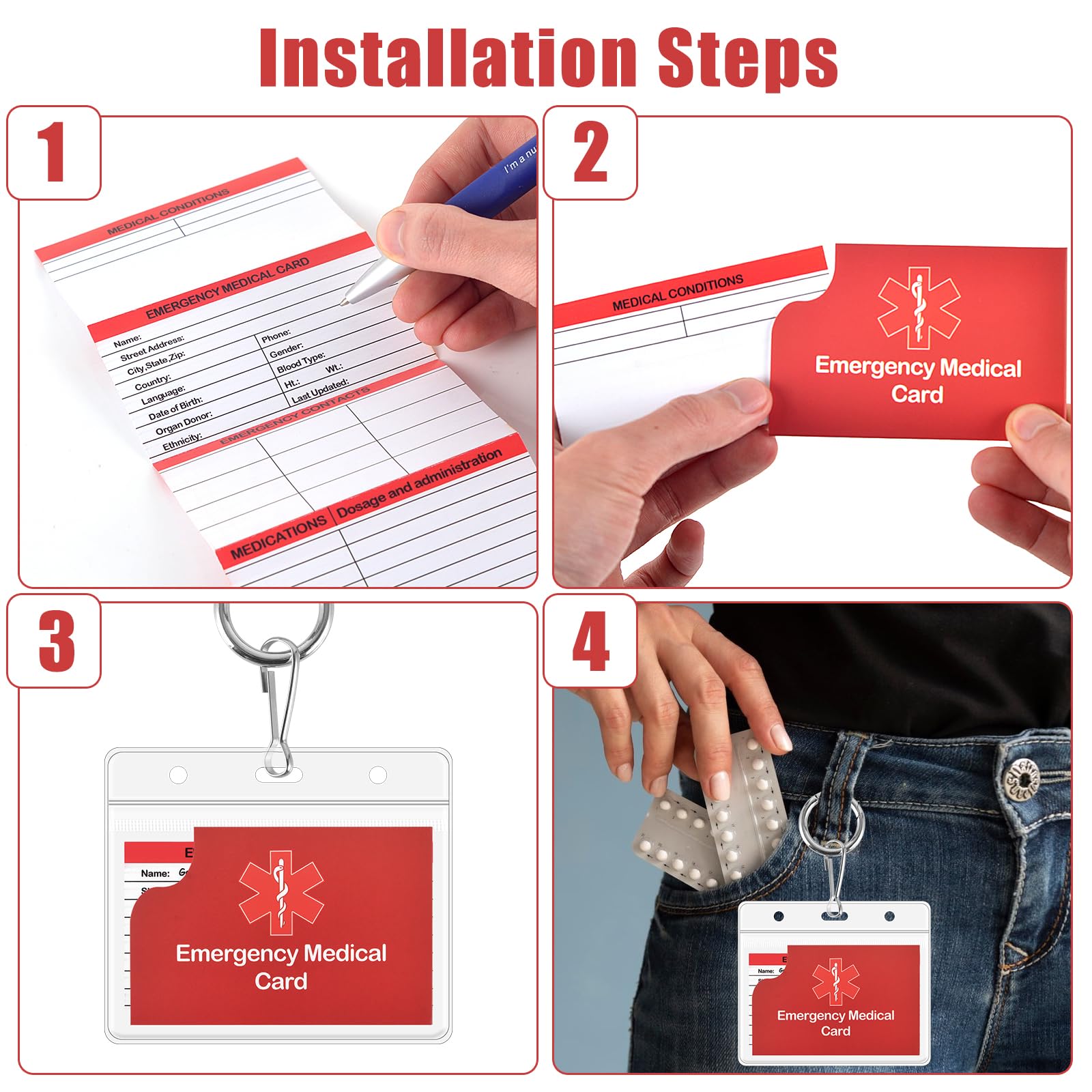 4 Pack Medical Alert Keychain Emergency Medical Information Id