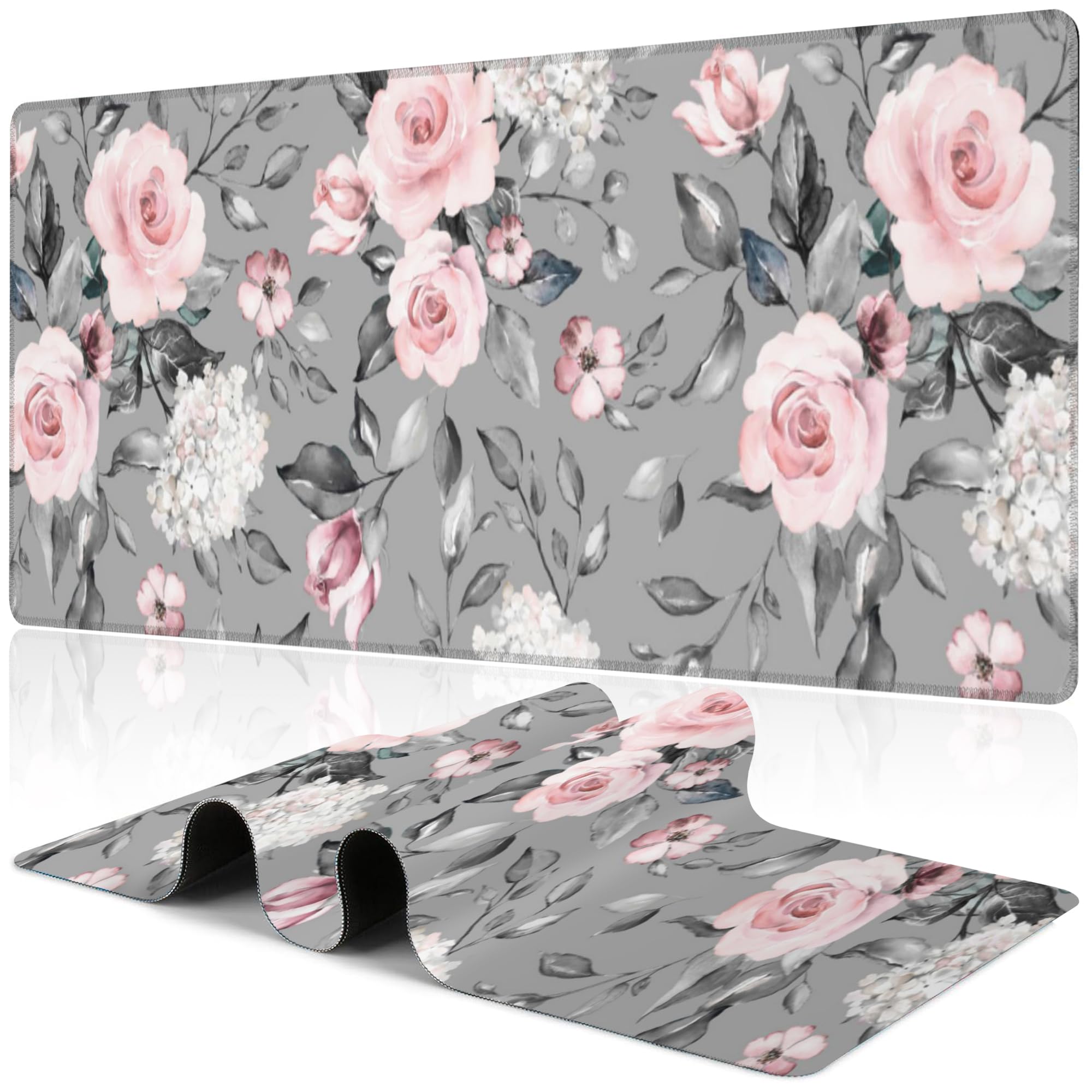 Pink Roses Desk Mat,Large Spring Blooming Flowers and Leaves Gaming Keyboard Mouse Pad,Non-Slip Rubber Base Desk Pad Thick Stitched Edges Waterproof