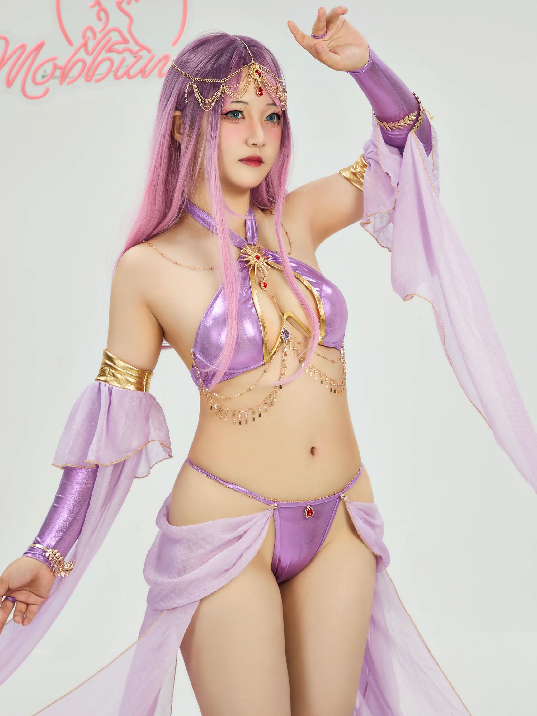 Mobbunny Women's Anime Cosplay Costume Purple Elf Style Gauzy Dress Halter Top and Panty Set with Sleeves Princess Costume