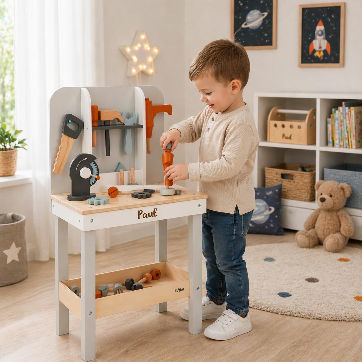 Kinderwerkbank aus Holz personalisiert – Werkbank mit Werkzeug-Set & Zubehör – Spielzeug ab 3 Jahre – Geschenk für Kinder