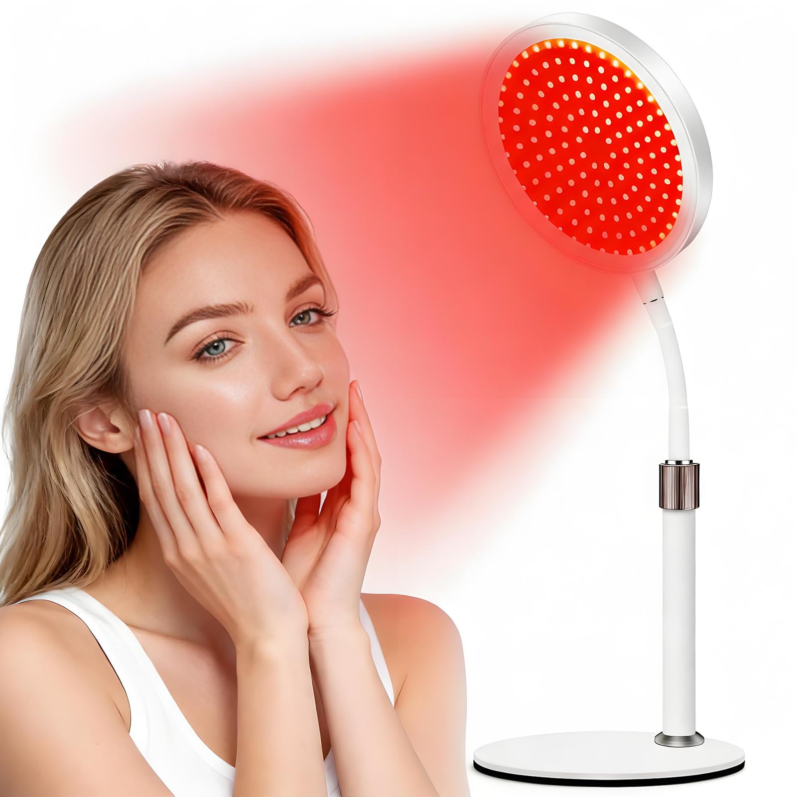 Lámpara de Terapia de Luz Roja e Infrarroja 660nm 850nm, Lámpara LED con Base, Luz Roja para Cara y Cuerpo, Diseño Cuello de Cisne, 100 LEDs, 9 Niveles, Brazo Ajustable, Temporizador
