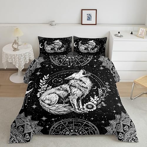 Castle Fairy Juego de edredón de tamaño individual con plantas y animales salvajes, exótico, bohemio, loto misterioso, colección de cama suave,