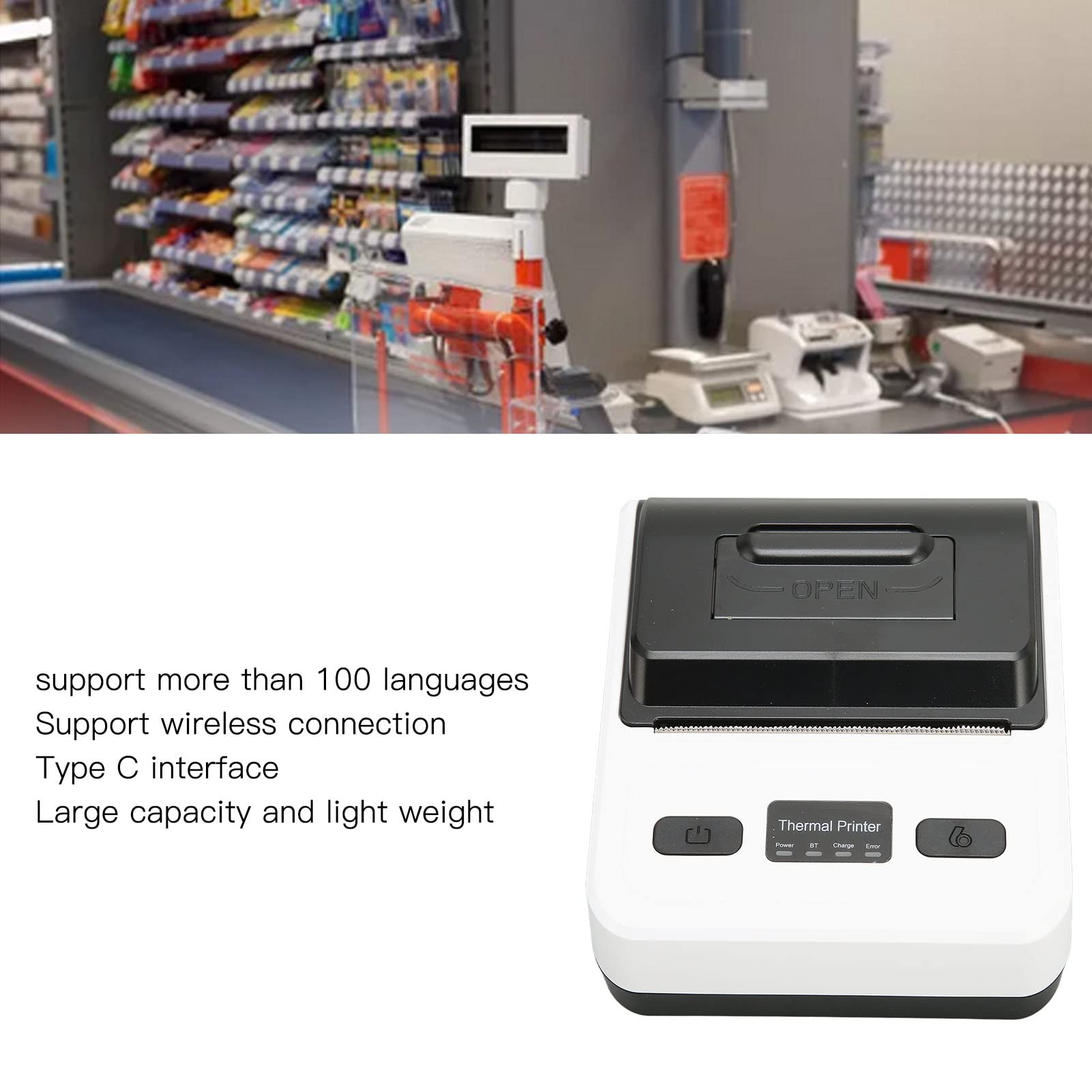 MTP-4B Thermo Etikettendrucker 80mm, Tragbarer Bluetooth Belegdrucker, 203 DPI, 50 Bis 80 Mm/s Hochgeschwindigkeits Ticketdrucker für Kleine Geschäftsrestaurants(Weiß)