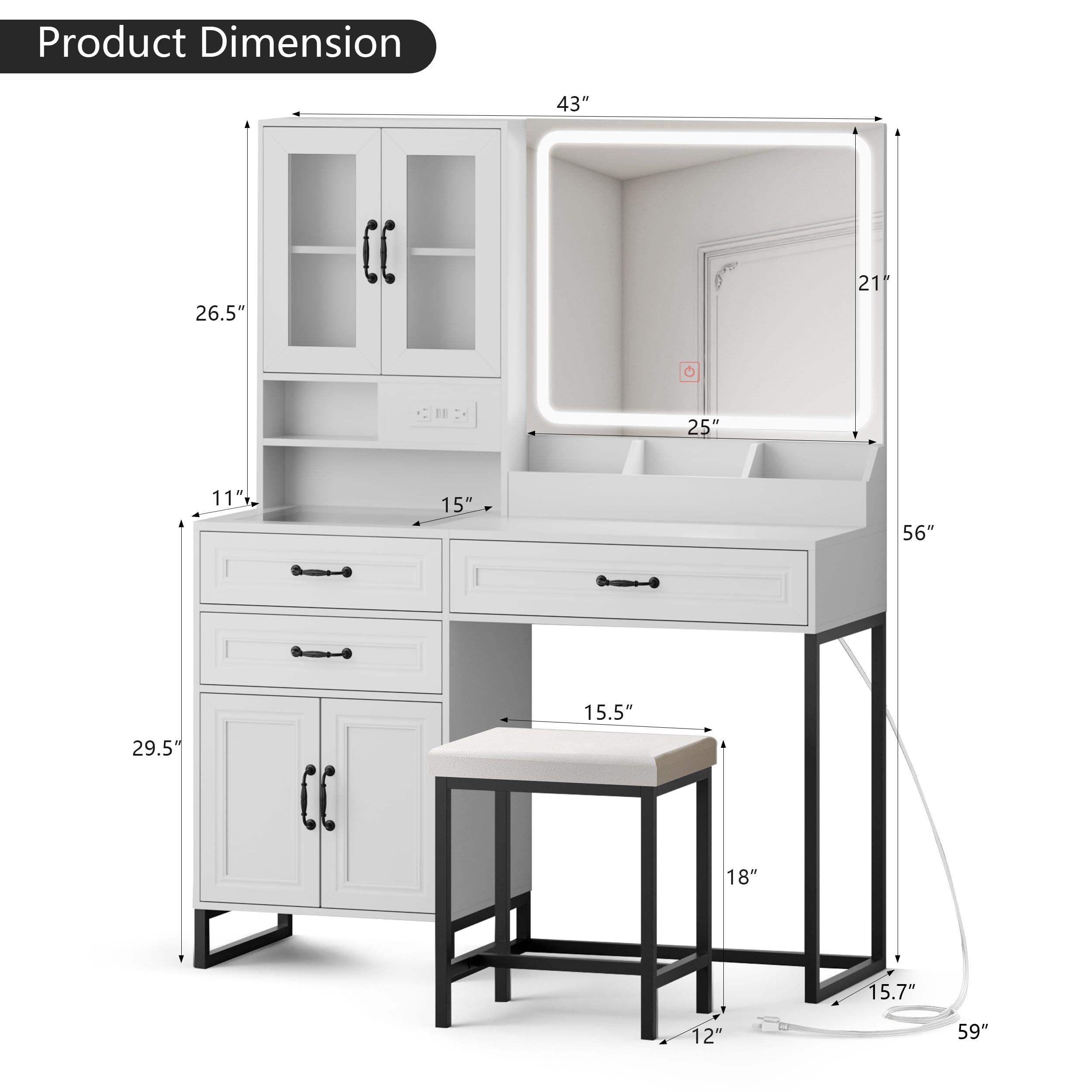 Makeup Vanity With Lights And Mirror,Glass Top Vanity Desk With Power Outlet, 3 Color Adjustable Led Vanitys Table With Chair, 4 Doors Vanity Table With Drawers,Vanity Set For Bedroom (White & Black)