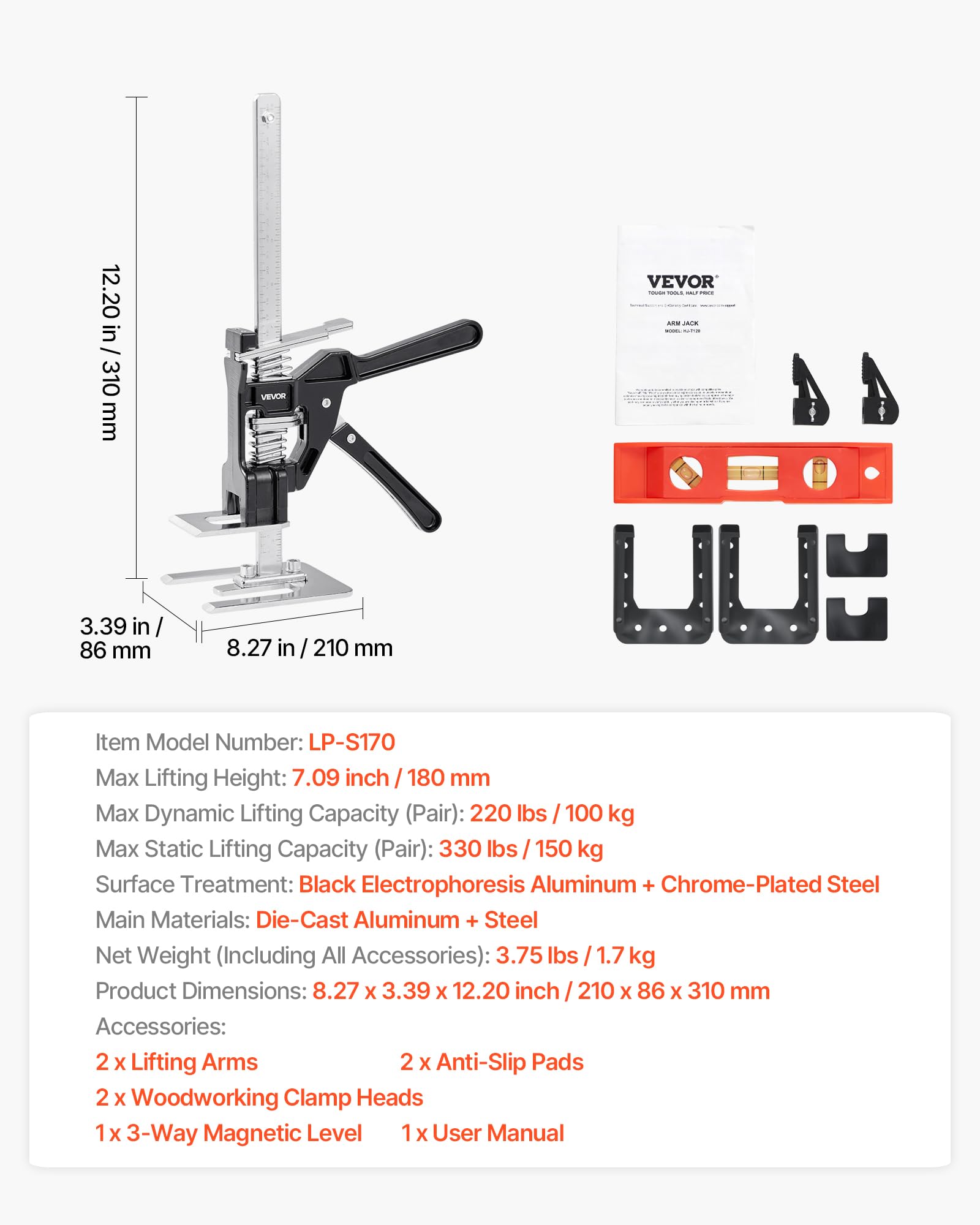 VEVOR Cric à Bras 2PCs, Lève Meubles Portes Plaques avec Capacité 100 kg, Outil de Levage Manuel en Métal, Hauteur Réglable jusqu'à 18 cm, avec Niveau Magnétique, pour Fenêtres, Installation, Noir