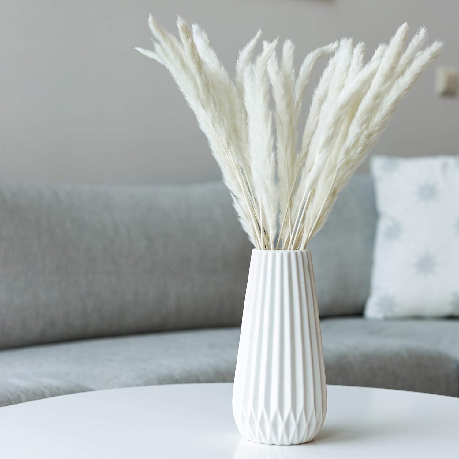 Decor Dance Natural Dried Pampas Grass, 30 Pcs |17 inch | Boho Floral Decorative Flower Arrangement Home Decor for Living Room Kitchen or Office, Long, Soft and Fluffy Stalks, Rustic White