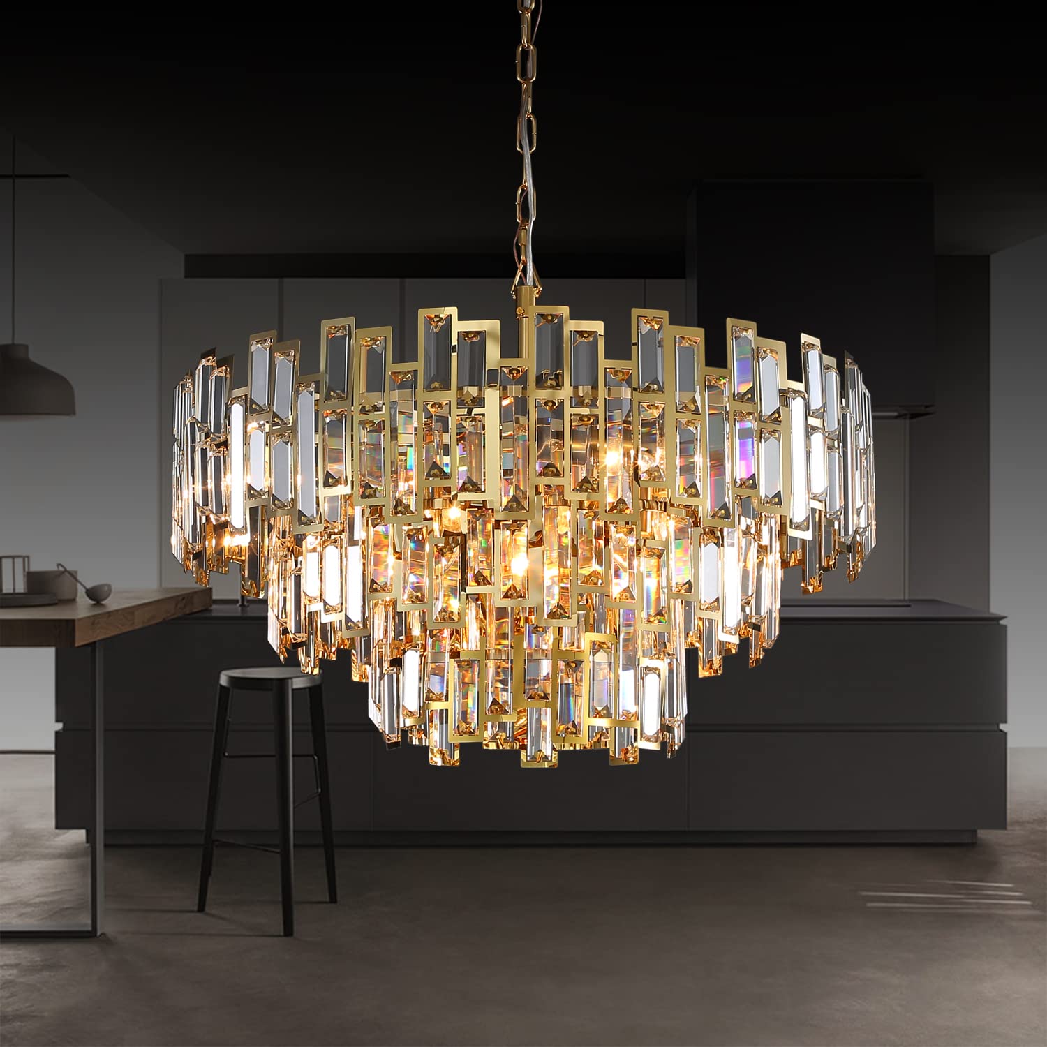 GMlixin Gold Chandeliers Modern Crystal Chandelier 3Tier for Dining