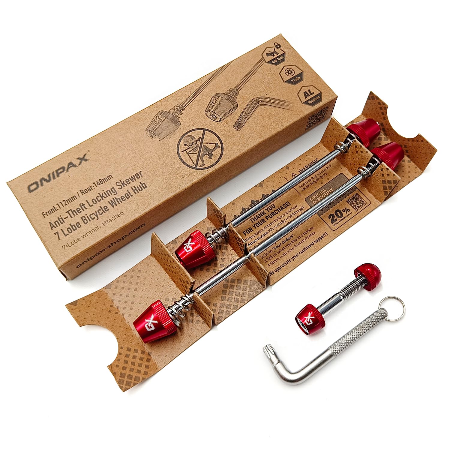 ONIPAX Kit de Cierre Antirrobo para Bicicleta Eje de 7 Lóbulos y Tornillo de Sujeción con Llave