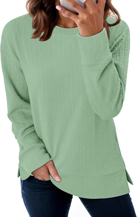 ONLYSHE Womens Shirts Long Sleeve Crewneck Tunic Tops Casual Lightweight Knit Solid Color Sweatshirts Trendy Blouse Basic Tee