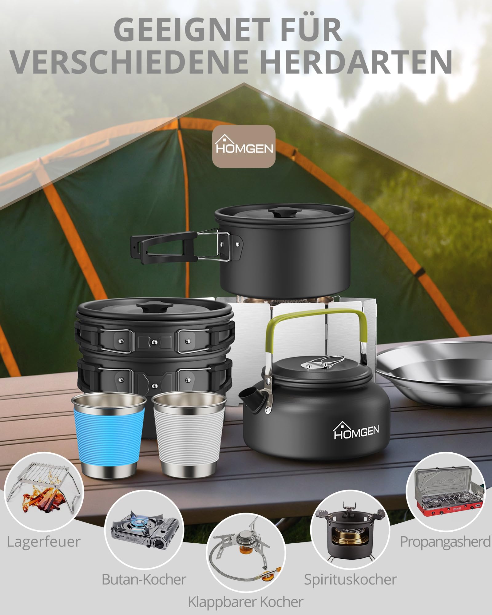 HOMGEN 21er Set Camping Kochset mit Mini Gaskocher, Ultraleichtes Outdoor Kochgeschirr Set für 1-2 Personen, Antihaft Camping Topf Pfanne Wasserkessel Geschirr Besteck für Camping Backpacking Picknick