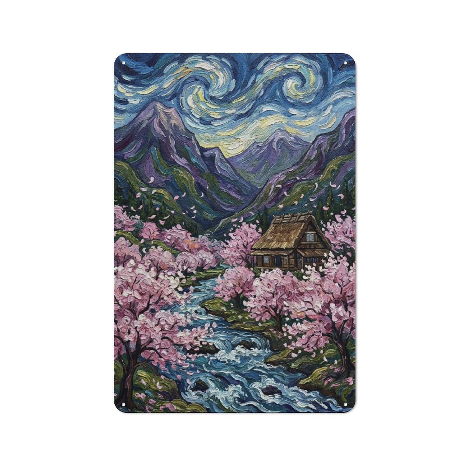 Junmoney Style-2 Barn Style Farmhouse Metal Sign 30X20cm Featuring Van Gogh Inspired Japanese Village Painting, Cottage Wall Art For Kitchen, Cottage, Porch Or Garden Room