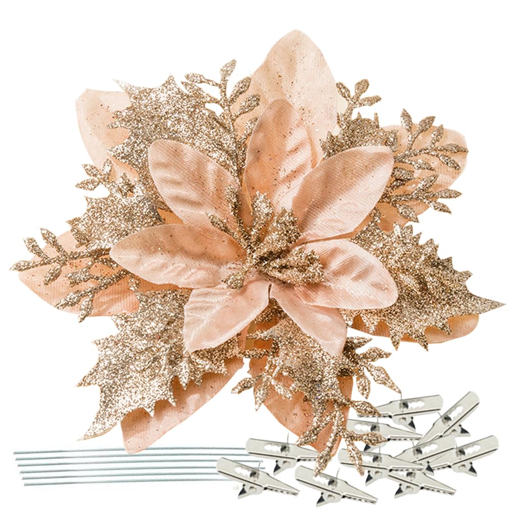 Gl-Turelifes Champagne Gl-Turelfies 12 Pcs Glitter Christmas Flowers(15Cm/5.9’’) With 12 Pcs Clips Artificial Poinsettia Flowers Christmas Tree Flower Decorations Xmas Tree Ornaments (Champagne)