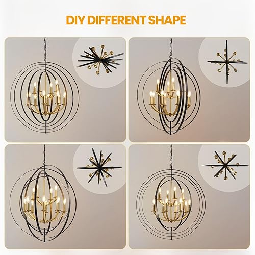 Miniatura 2 de Candelabro negro y dorado de 31.5 pulgadas, lámpara de granja de 12 luces para entrada, lámparas colgantes redondas, candelabros grandes para techos