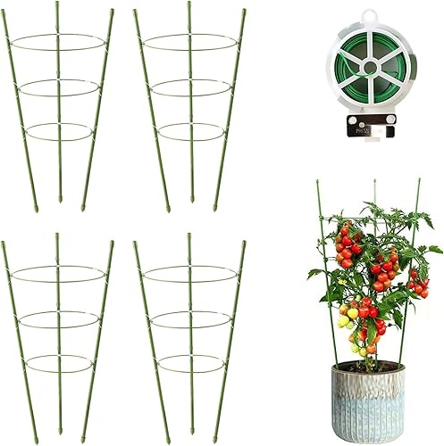 JCKHXG Paquete de 4 jaulas de tomate, jaulas de soporte de plantas de 18 pulgadas para jardín, estacas de plantas de jardín mejoradas con anillos