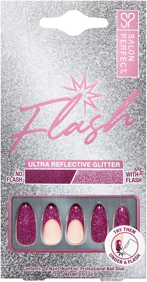 Salon PerfectPress On Nails, 134 Flash Fuchsia French - Almond Shape with Glitter Accent, Easy Application Fake Nails, 30 Nails with Glue & File, Nail Kit, 1-Pack