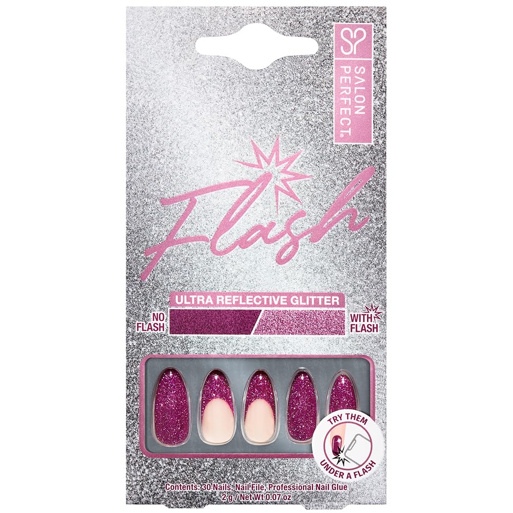 Salon PerfectPress On Nails, 134 Flash Fuchsia French - Almond Shape with Glitter Accent, Easy Application Fake Nails, 30 Nails with Glue & File, Nail Kit, 1-Pack