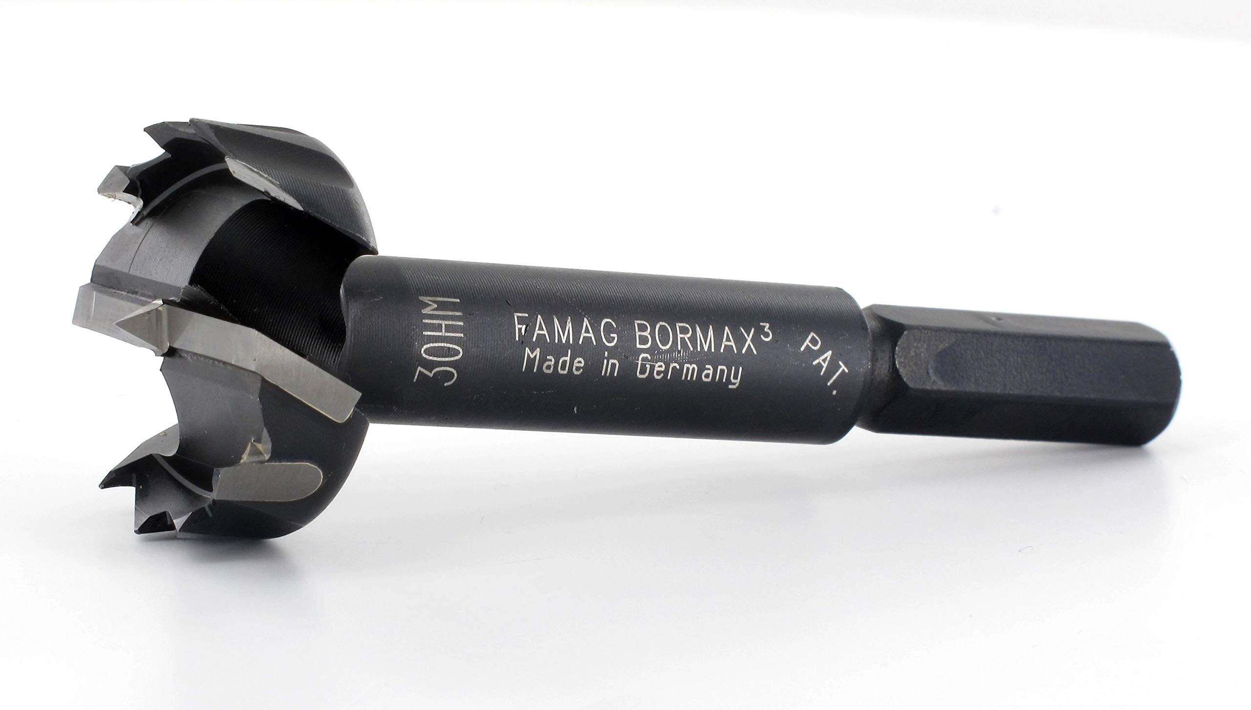 FAMAG Bormax - Juego de brocas Forstner de metal duro D = 15, 20, 25, 30, 35, 40, 50 mm, punta de centrado, corte principal HM y corte perimetral dentado equipado con HM, en caja de madera