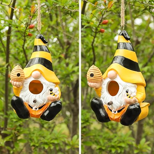 Miniatura 4 de Yinns Casa de pájaros de resina, casas para pájaros para exteriores, casas decorativas para pájaros, gnomos divertidos colgantes para decoración de