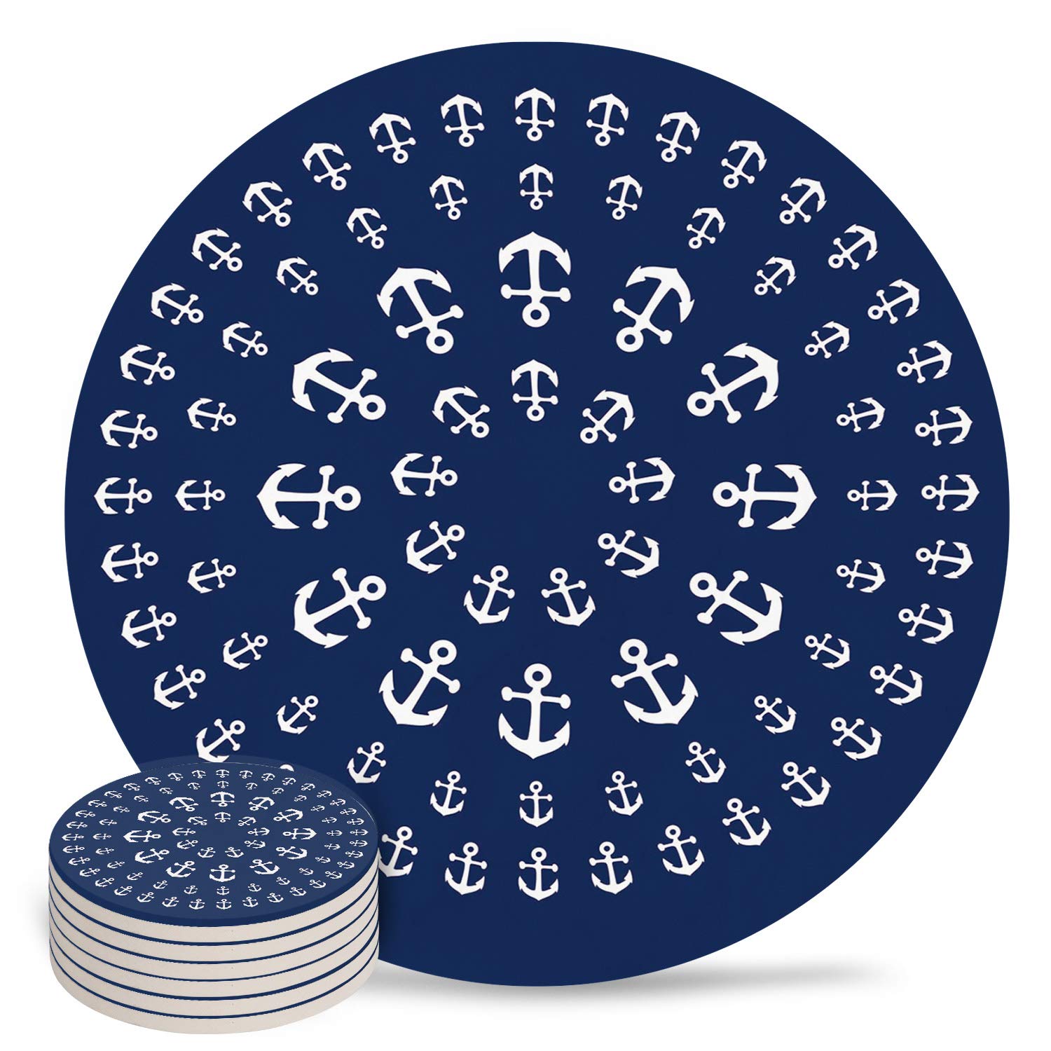Bar Coasters Set Nautical Anchor Absorbent Ceramic Stone Round Coasters for Drinks Mandala Zentable Navy Blue Coasters with Cork Base Cups Mugs Tabletop Protection 6pcs