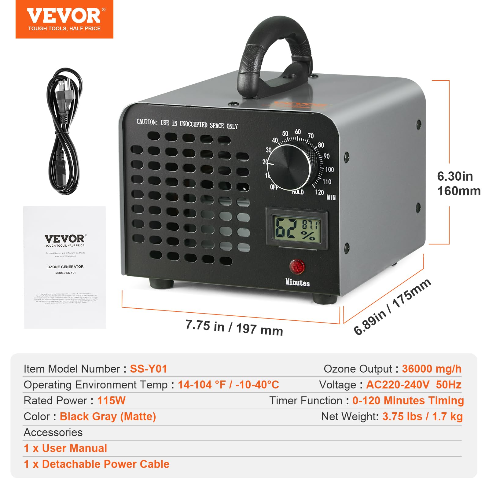VEVOR Generatore di Ozono Purificatore d'Aria 36000 mg/h per Sanificare Aria Commerciale Industriale 115W Grande Capacità 0-120 Min. Timer Regolabile, Uso Commerciale