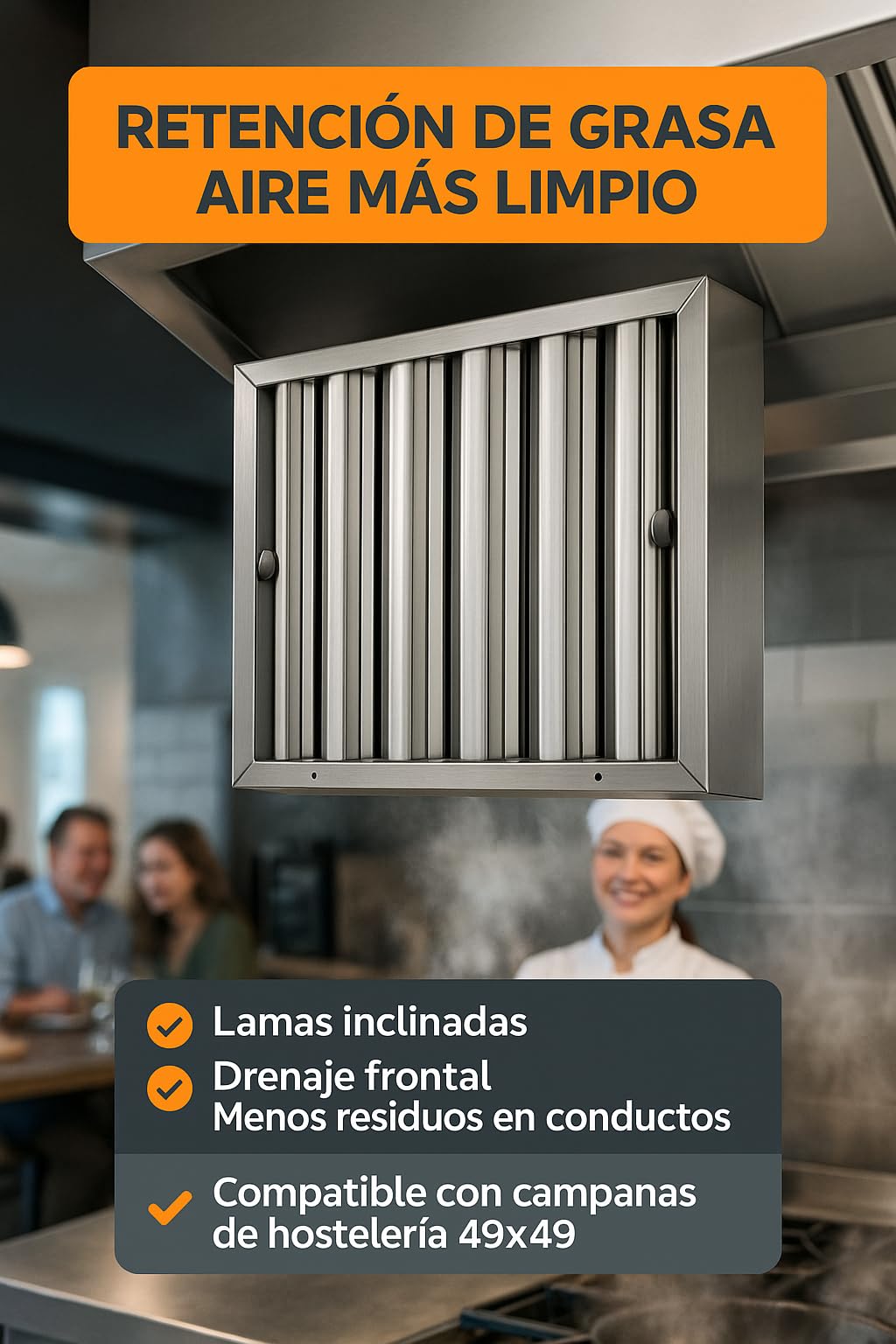 RO Linea Blanca ® Filtro Lamas 490x490x48 Mm Acero Inox AISI 304 Para Campana Industrial Hosteleria Lavable Lavavajillas Drenaje Lamas Inclinadas Pomo Sujeccion Recambio Universal Seguridad Casa