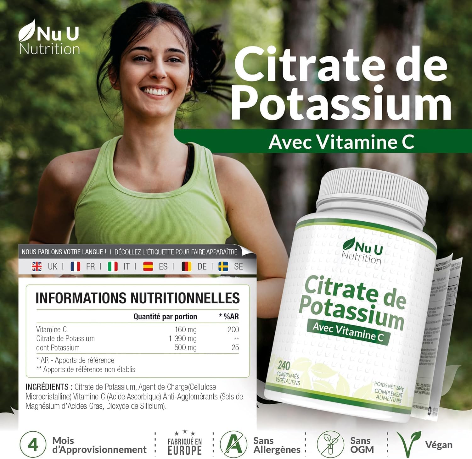 Potassium 1550mg & Vitamine C - 240 Comprimés Végétaliens - 4 Mois d’Approvisionnement - Citrate de Potassium à Forte Puissance - Support d'Électrolytes Naturels - Nu U Nutrition