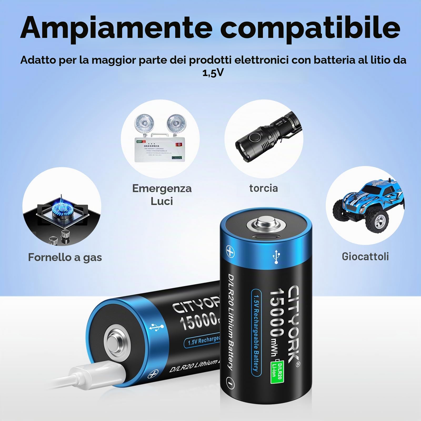 CITYORK Batteria USB D da 15000 mWh da 1,5 V, ricaricabile con cavo di ricarica USB-C (8 pezzi), batteria USB D ricaricabile agli ioni di litio, batterie Mono D LR20, oltre 1000 cicli e riciclabile,