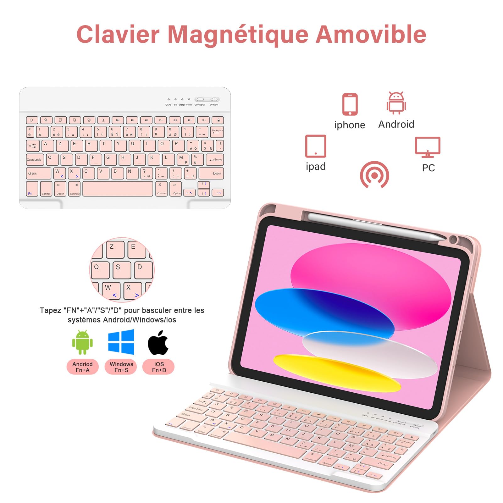 CC Store Coque Clavier pour iPad A16 11/10 Ème Generation (10.9 Pouces 2022/11 Pouces 2025), Étui Magnétique Keyboard avec Porte Crayon, Français AZERTY Layout, Rose