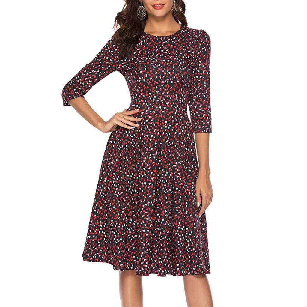 foowniWomen Three Quarter Sleeve O Neck Printing Vintage Gown Evening Party Dress