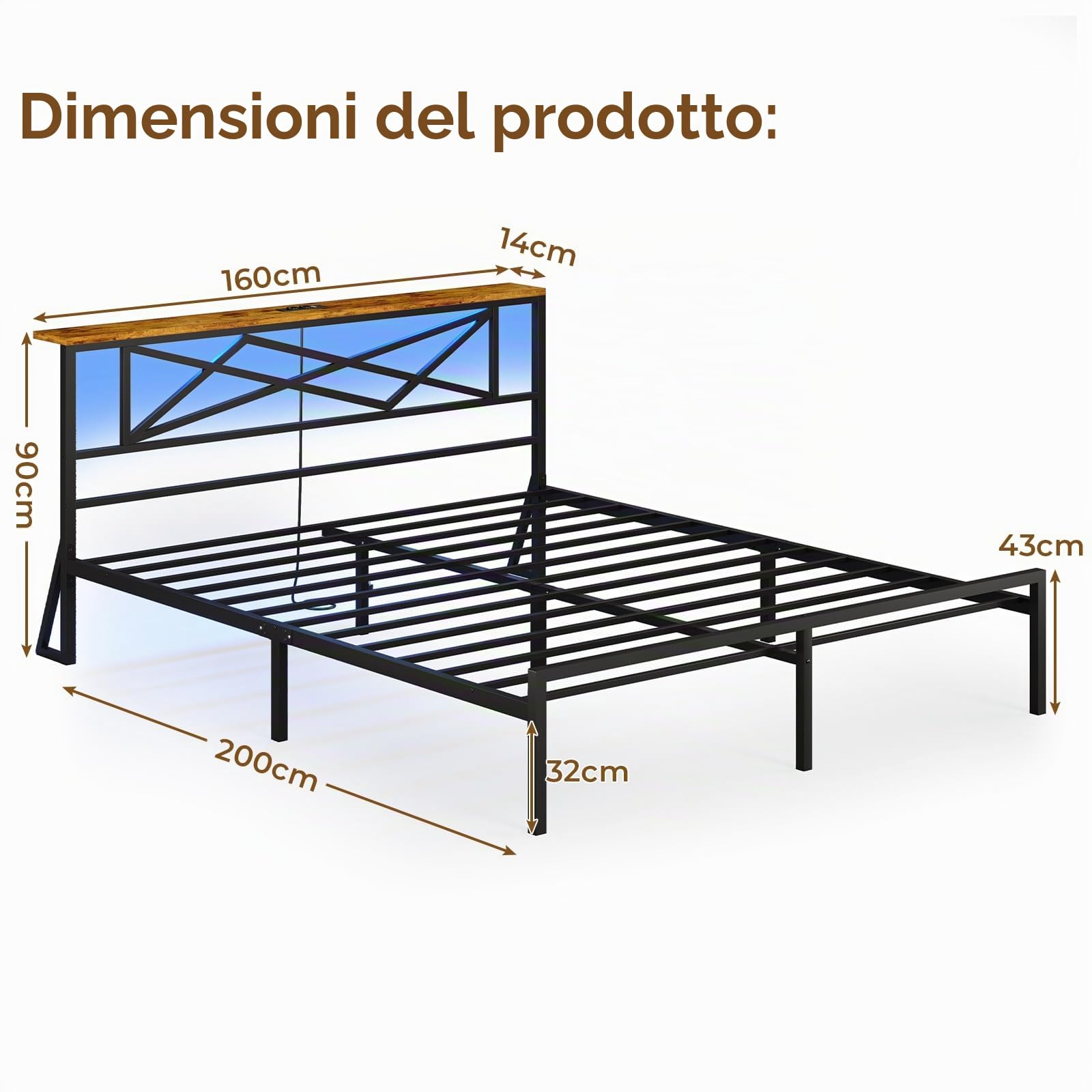DICTAC Letto Matrimoniale 160 x 200 cm con Illuminazione LED, Telaio in Metallo con Stazione di Ricarica USB e Testata in Legno, Rete a Doghe in Metallo