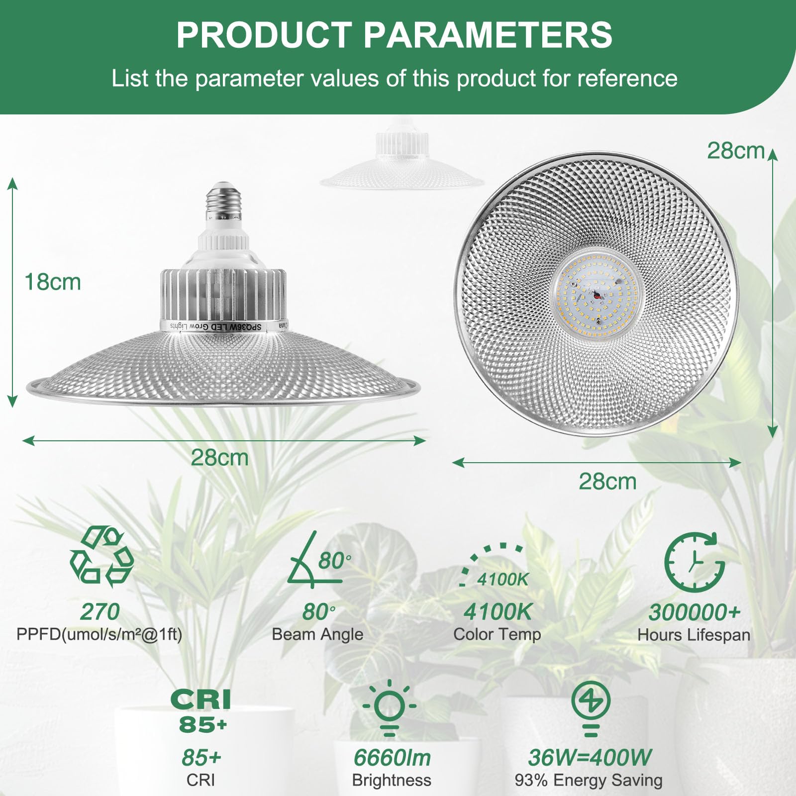 Lampada a LED da 36 W, a spettro completo, E27, 400 W, equivalente Grow Light, 4100 K, lampada a LED per crescita Full Spectrum con alto PPFD per piante da interno, fiori, frutta e verdura