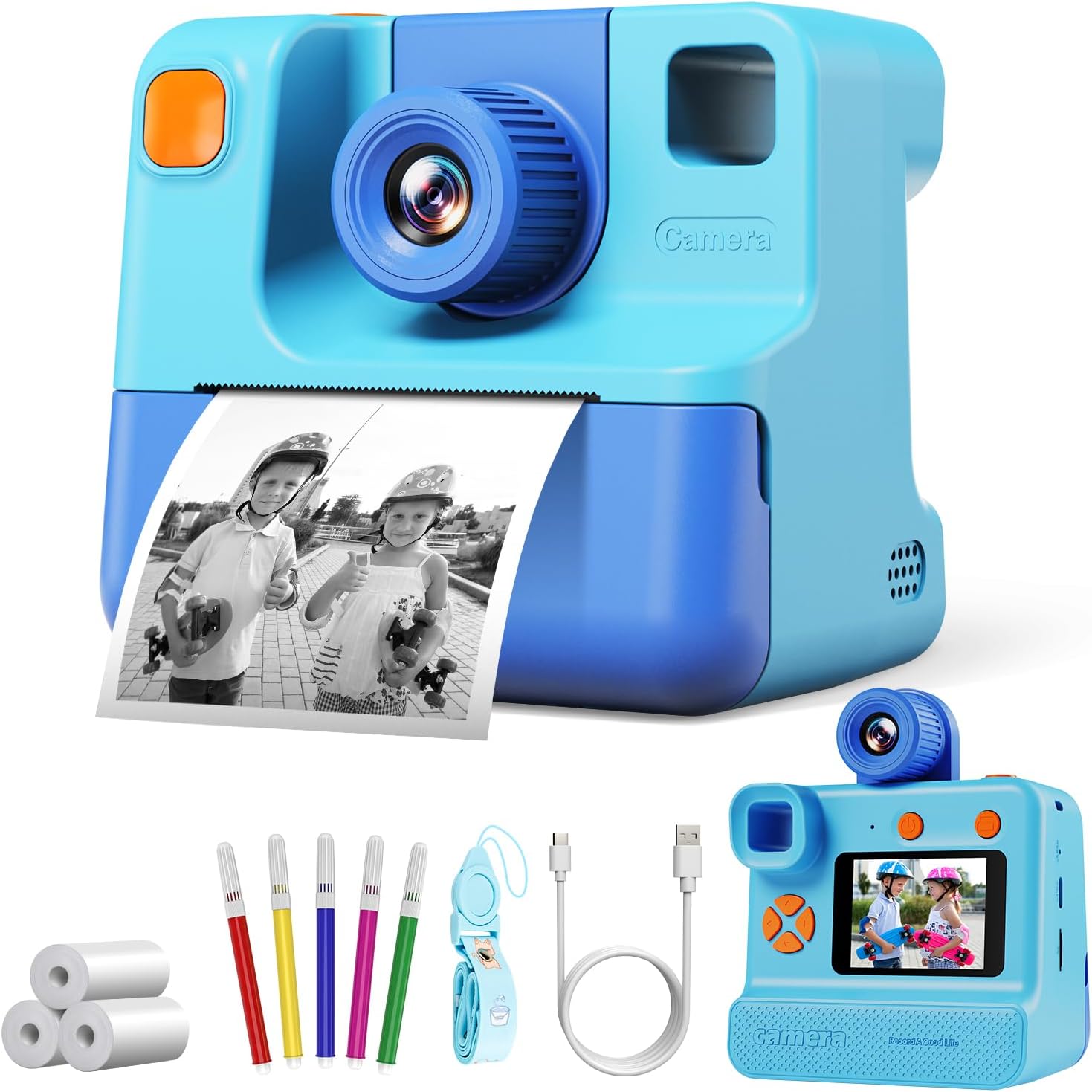 Kids Instant Print Camera, 180° Flip Selfie Camera for Kids, 32GB Card, Print Paper, Christmas Birthday Gift for Girls & Boys Age 3-12 (Blue)