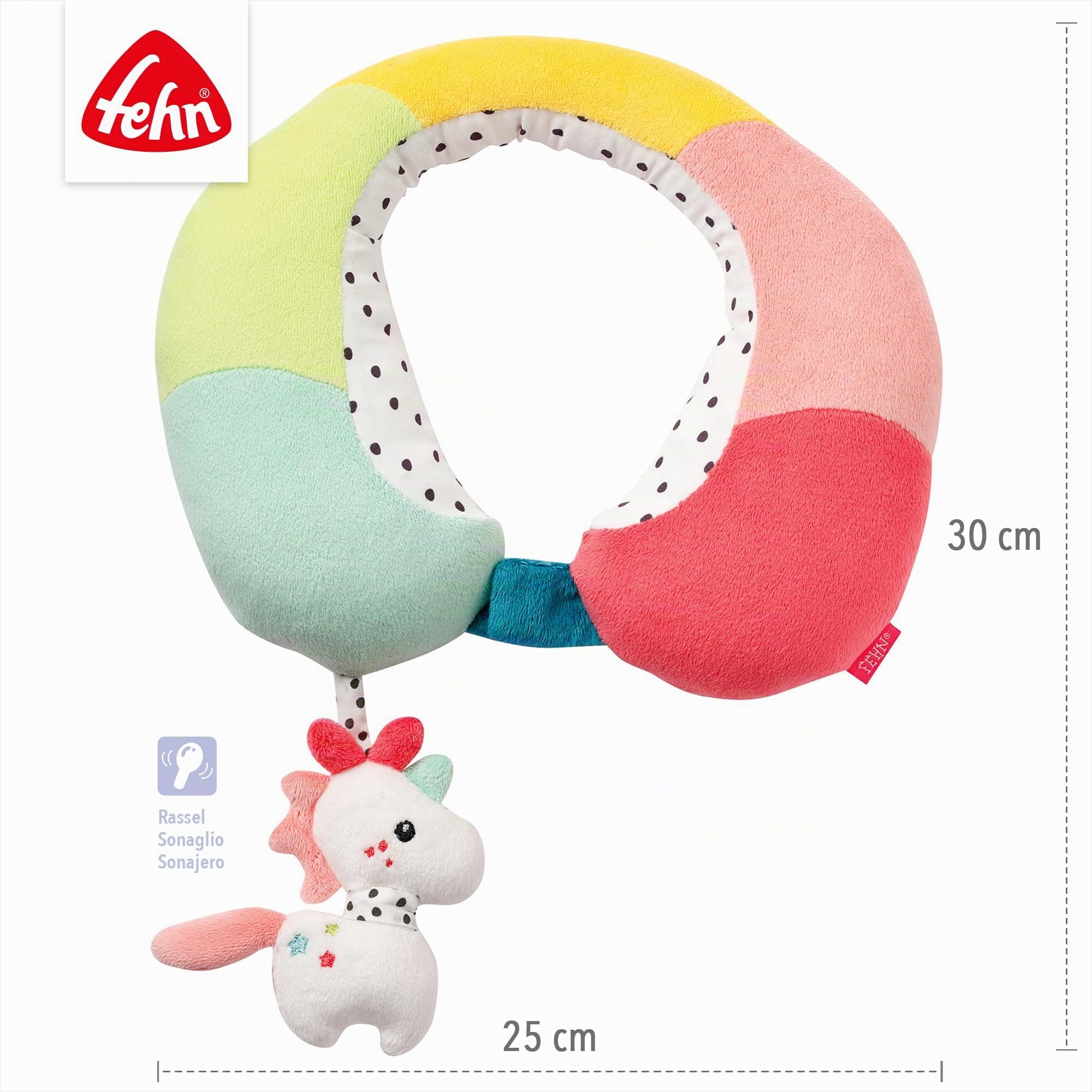 Fehn Almohada Cervical Unicornio, reposacabezas ergonómico con un simpático Animal sonajero Unicornio, para Coche, Cochecito y Silla Infantil, para bebés y niños pequeños a Partir de 6 Meses