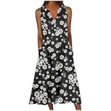 Women's Summer Design Casual Dress Sleeveless V-Neck Dress with Pockets Loose Flowy Swing Pleated Long Beach Dress