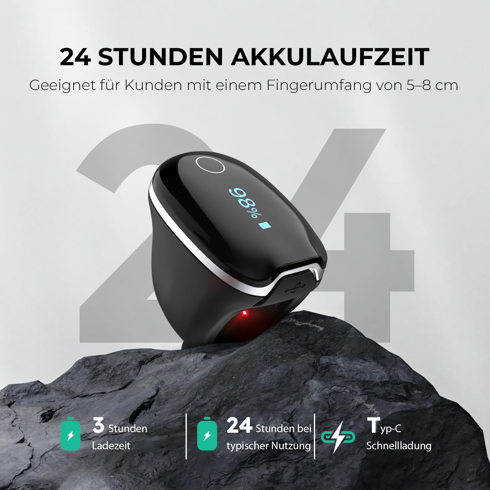 Wellue O2Ring-S Schlaf Pulsoximeter mit Vibrationserinnerung, 24 Std Akkulaufzeit Bluetooth Wiederaufladbar Sauerstoffsättigung Messgerät Finger, Schlaftracker mit 4 * 10 Stunden Eingebauter Speicher
