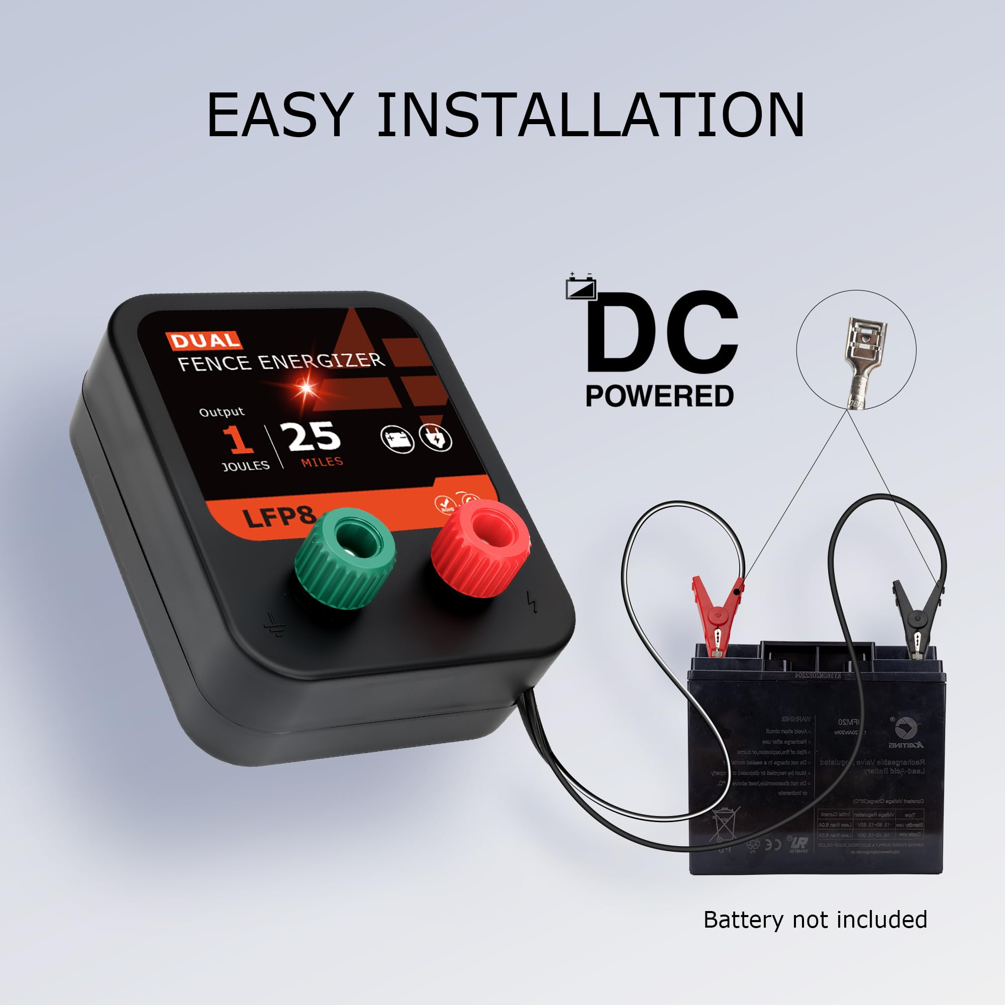 LFP8 - Energizador eléctrico de valla eléctrica de 12 V, salida de 1 julio, 25 millas, kit de valla eléctrica que incluye cables y estaca de tierra, alimentado por CC para caballo, vaca y otros