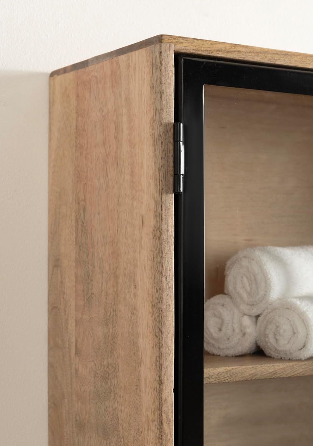 Kate and Laurel Brogan Modern Rectangle Wall Cabinet; 24 x 9 x 20; Natural Wood and Black; Glass Display Cabinet for Over-The-Toilet Bathroom Storage Cabinet or Living Room Storage Cabinet