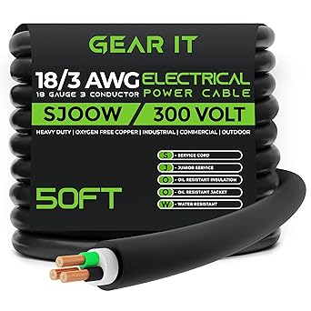 GearIT 18/3 18 AWG Portable Power Cable (50 Feet - 3 Conductor) SJOOW 300V 18 Gauge Electric Wire for Motor Leads, Portable Lights, Battery Chargers, Stage Lights and Machinery -50ft Electrical Cord