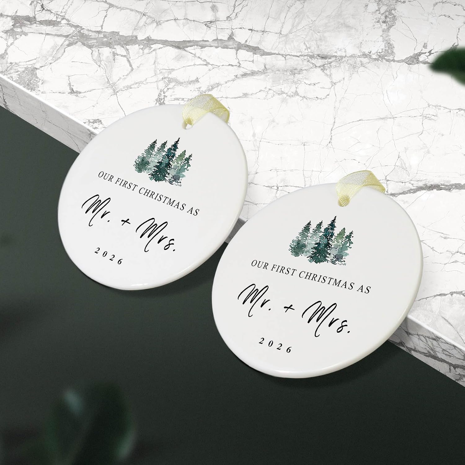 First Christmas as Mr and Mrs Ornament 2026,1st Year Wedding Ornament for Newlywed,Our First Married Christmas Ornament,Ceramic Hanging Decoration for Couples Just Married with Gift Box&Ribbon 2.9"