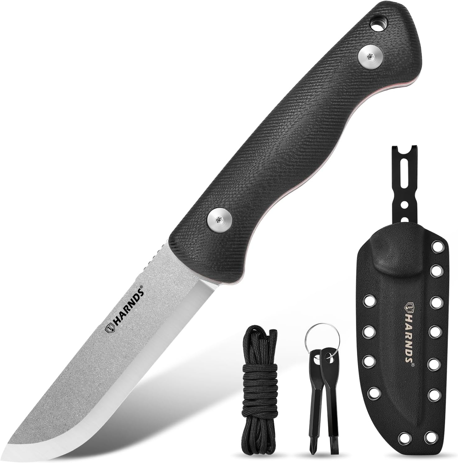 Harnds Discovery Outdoor Full Tang Fixed Blade Knife, made of 10Cr15CoMoV steel, with detachable G10 handle, adjustable sheath, Scandinavian grinding EDC survival knife, suitable for wilderness survival, hunting, camping (black)