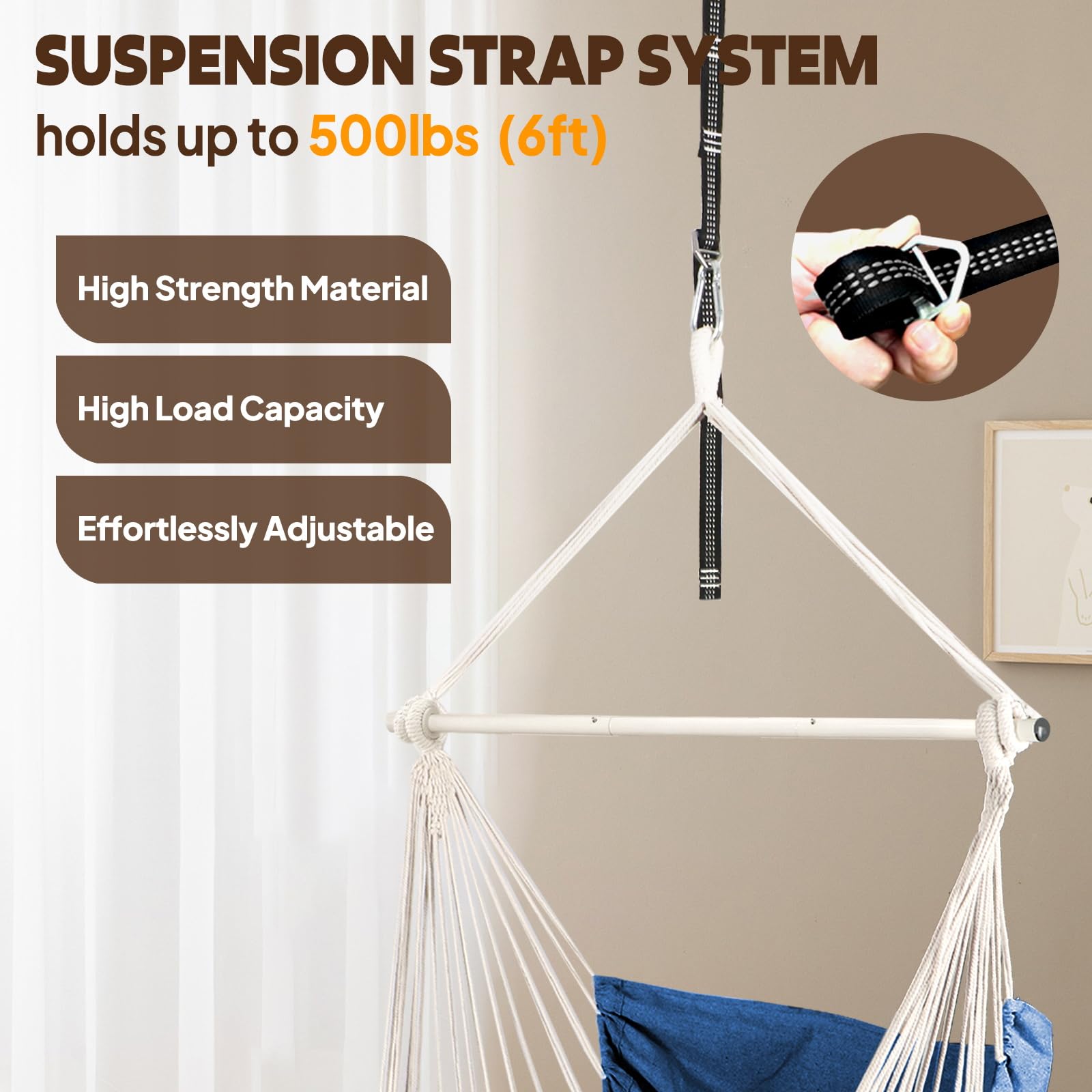 Chihee Columpio Silla Hamaca Reposapiés Cojines Correa de Suspensión Mosquetón Incluido Barra separadora de Metal Plegable para un Almacenamiento fácil y Duradero Tejido de algodón Bolsillo Lateral