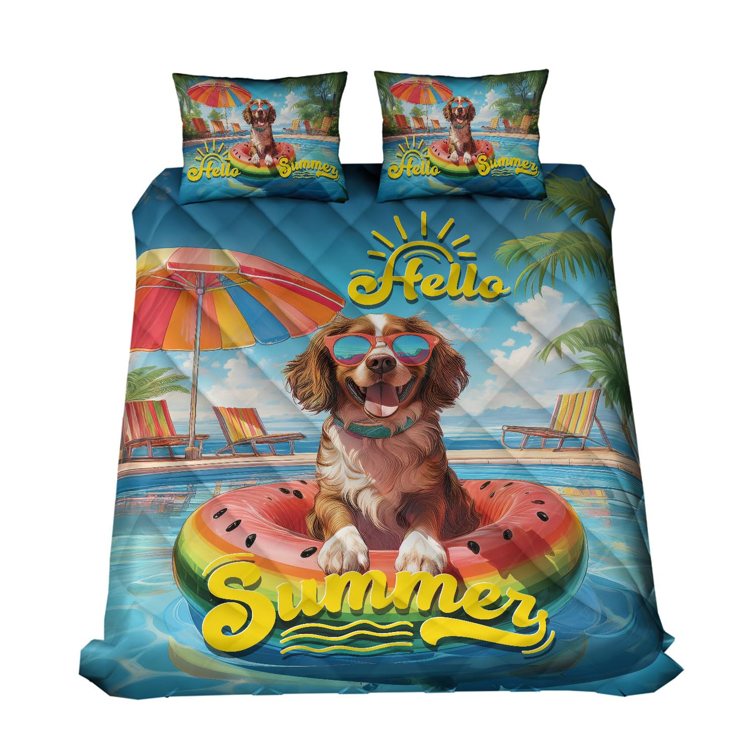 Ninety3POD Hello Summer Boykin Spaniel Pool Day on Watermelon Float Quilt Bedding Set Dog Lover 1 Blanket Bed Cover 2 Pillowcases 008