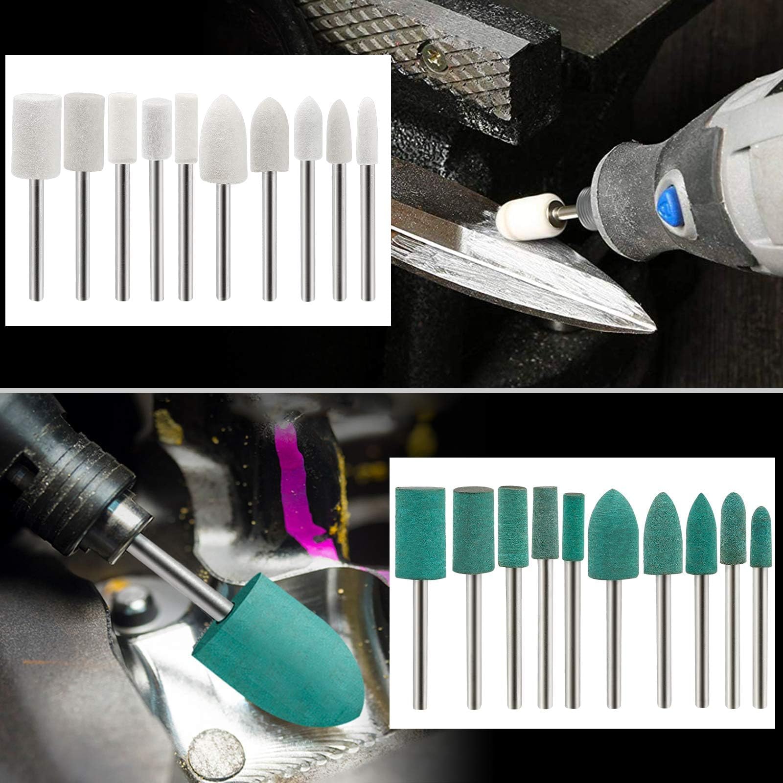 50 pezzi di lucidatura punte montati rettifica lucidatura mole, lana/sesamo/gomma/strumenti di macinazione della pelle bovina accessori per utensili rotanti set gambo 3mm