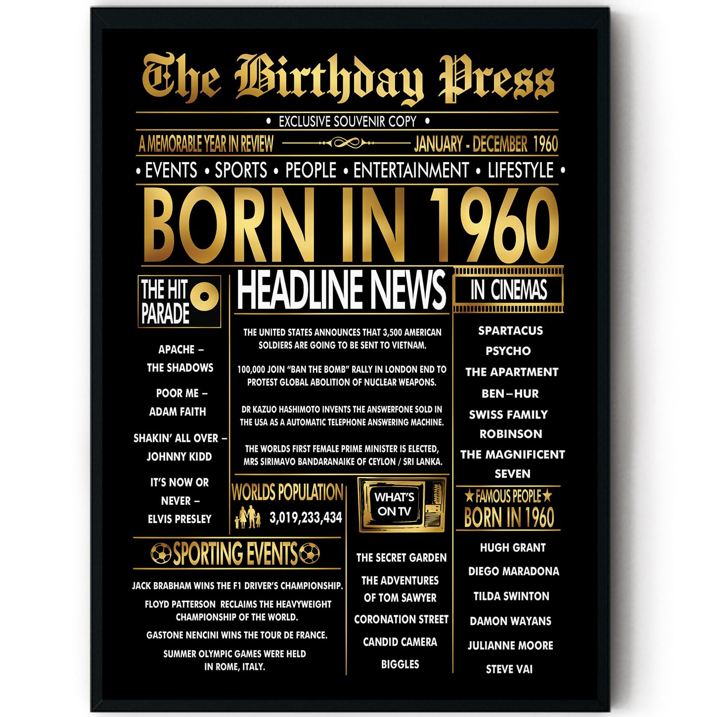Stuff4 Men's 1960 Gold 66Th Birthday Poster Framed - Golden Born In Newspaper - Happy 66 Birthday For Wo Retro Vintage Gifts Back In 8X10 Inch Bday Party Decor Decoration