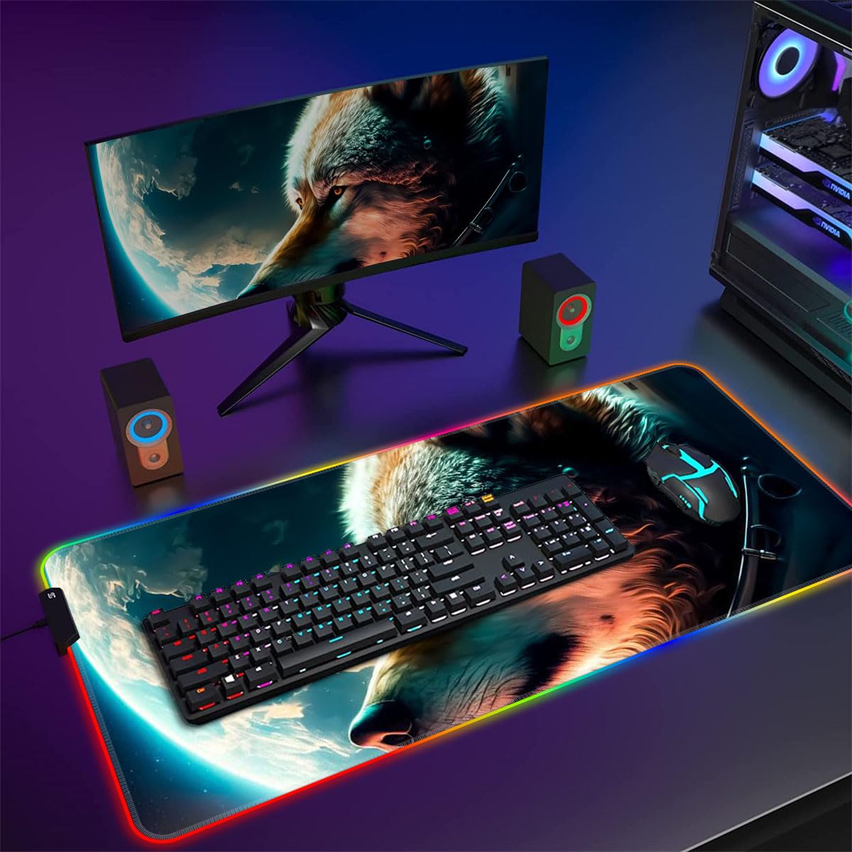 Tappetino per mouse da gioco Lupo LED Gaming Mouse Pad ROG Extended Gamer Mouse Pad (60 x 35 x 0,3 cm) spesso lungo antiscivolo in gomma con bordi cuciti